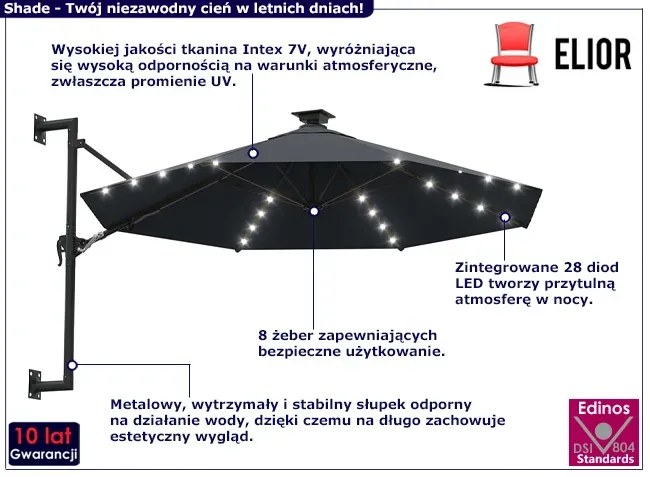 Okrągły parasol ścienny z oświetleniem LED antracyt - Waren