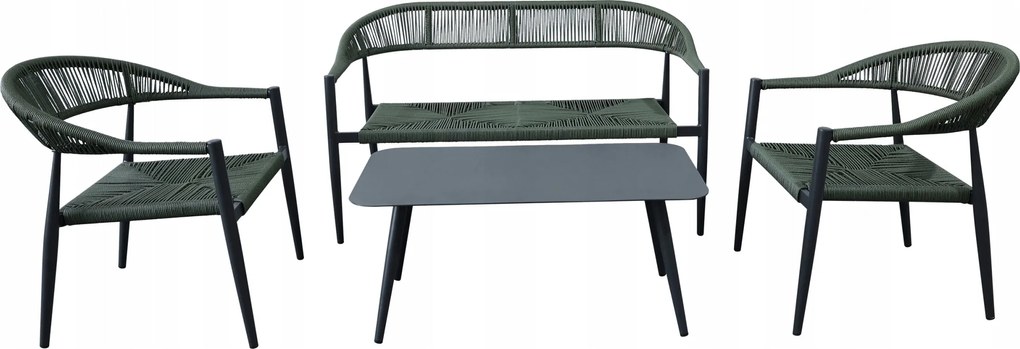 Zestaw mebli ogrodowych ciemnozielony, szara rama, ławka, 2 krzesła, stolik