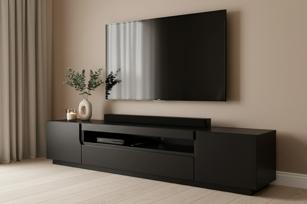 Szafka RTV Loftia 200 cm dwudrzwiowa z wnęką - czarny / czarny mat