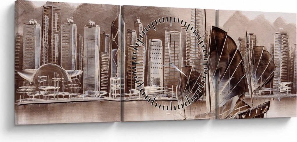Obraz - Victoria Harbor, Hongkong, efekt sepii (z zegarem) (90x30 cm)