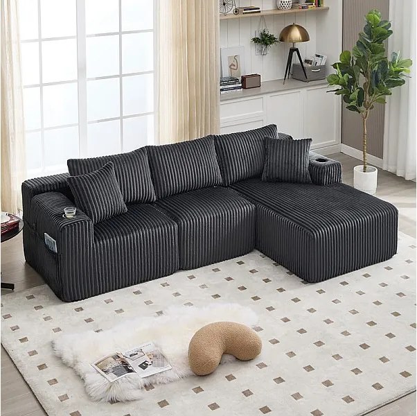 Modułowa Sofa Narożna 3-osobowa, z Korbu, z Uchwytem na Napoje, Poduszkami i Bocznymi Kieszeniami, Leżanka 118cm, Szary