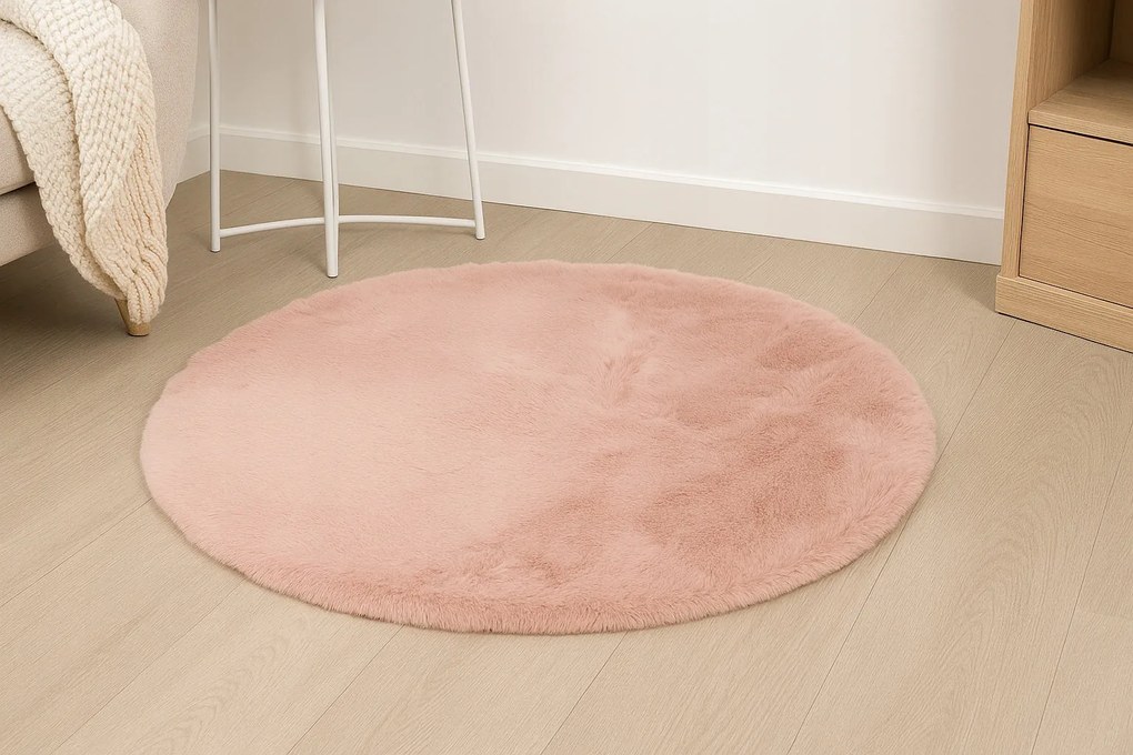 Dywanik Futrzany Okrągły FI 80cm Różowy Puszysty Dekoracyjny Antypoślizgowy
