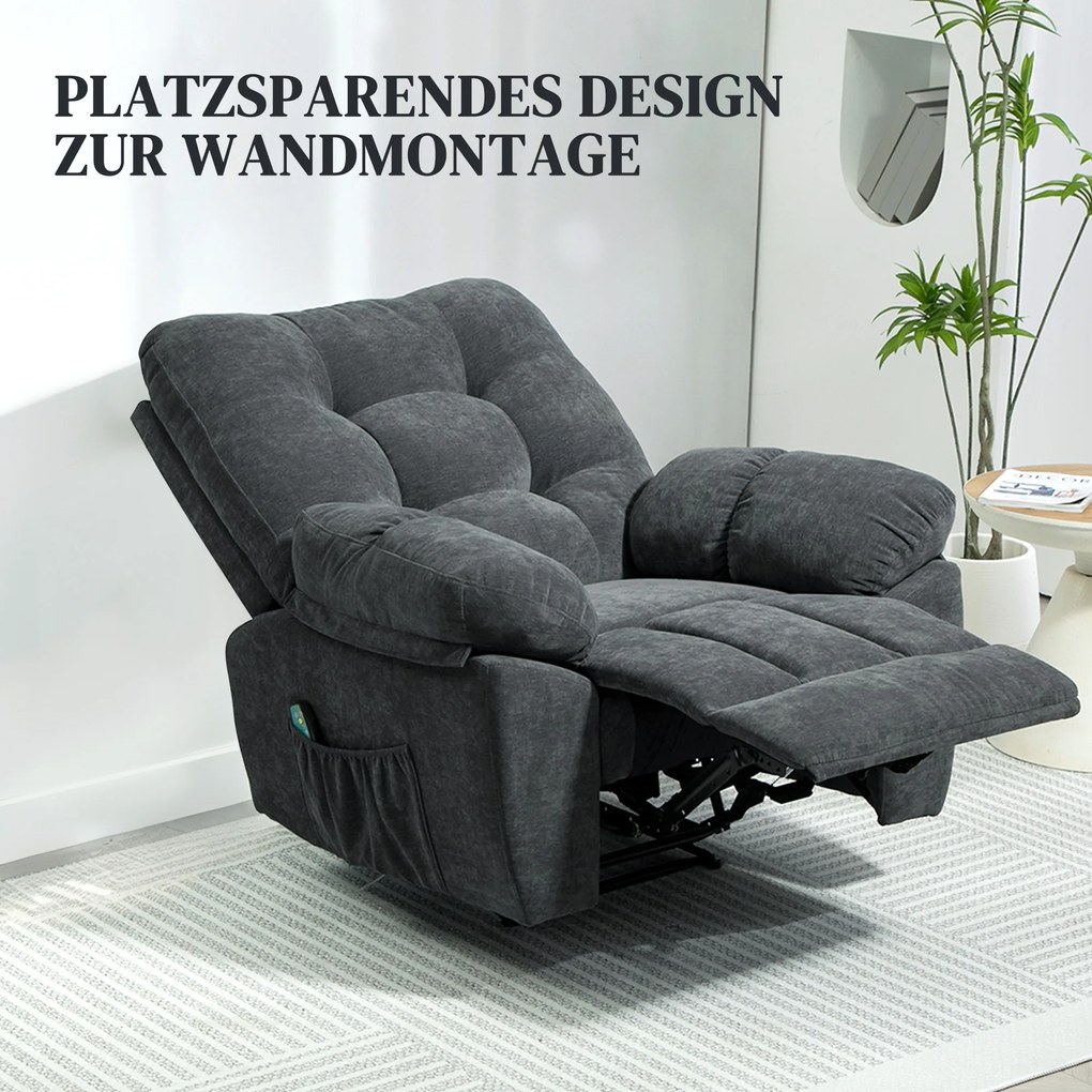 HOMCOM Fotel Recliner, Masażer Polstersessel z 8 Punkty Wibracji, Regulowanym Podnóżkiem, Boczną Kieszonką, Szary