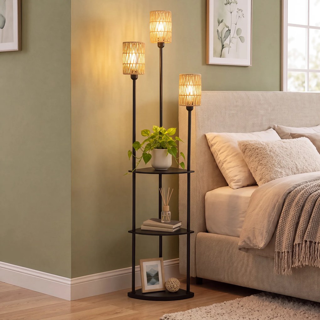 HOMCOM Lampa stojąca Boho 3-płomienna, 3 półki, klosz z papierowego sznura, czarna | Aosom PL