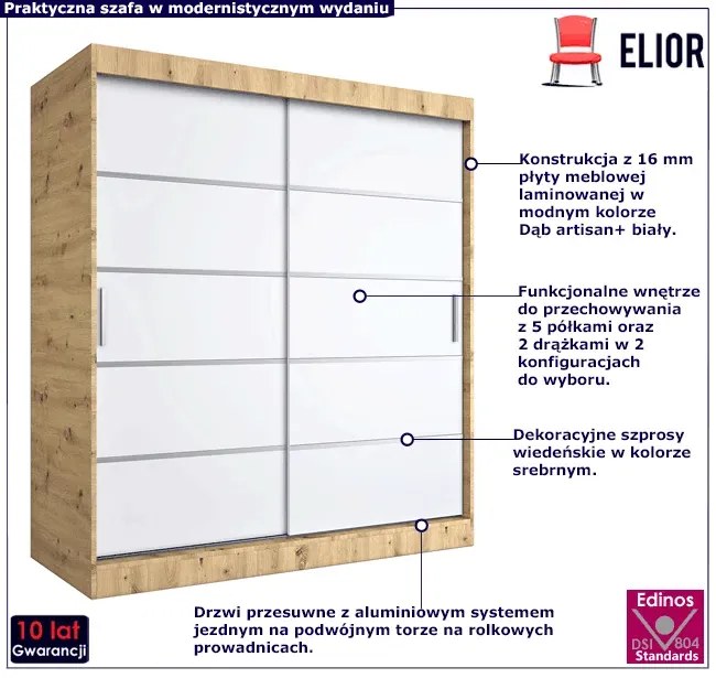 Szafa przesuwna dąb artisan + biały 180 cm - Bohosa 5X