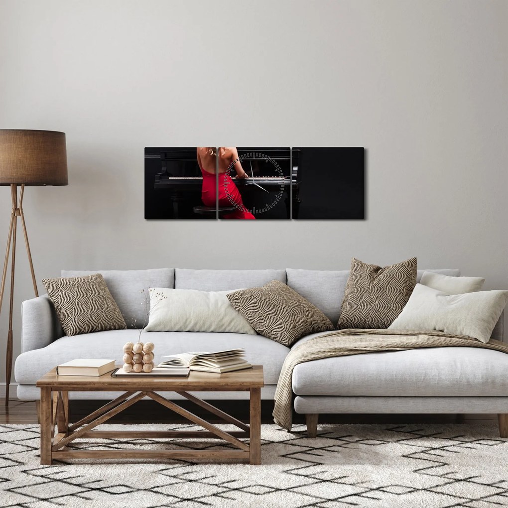 Obraz kobiety grającej na pianinie (z zegarem) (90x30 cm)