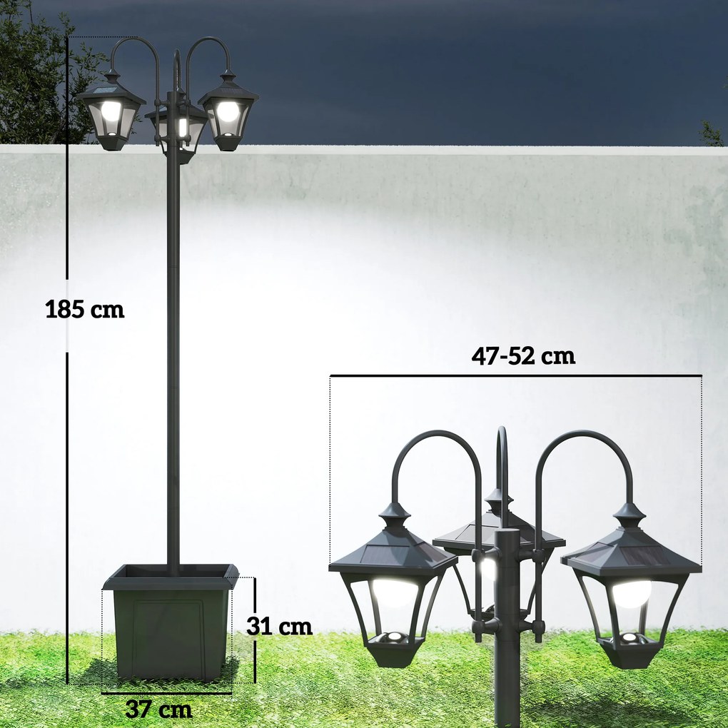 Outsunny Lampa solarna z donicą 185 cm regulowana wysokość lampa ogrodowa z 3 kloszami sterowanie światłem | Aosom PL