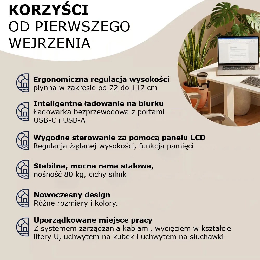 Regulowane biurko biurowe FLEXI, 140x60x72–117cm, białe Casaria