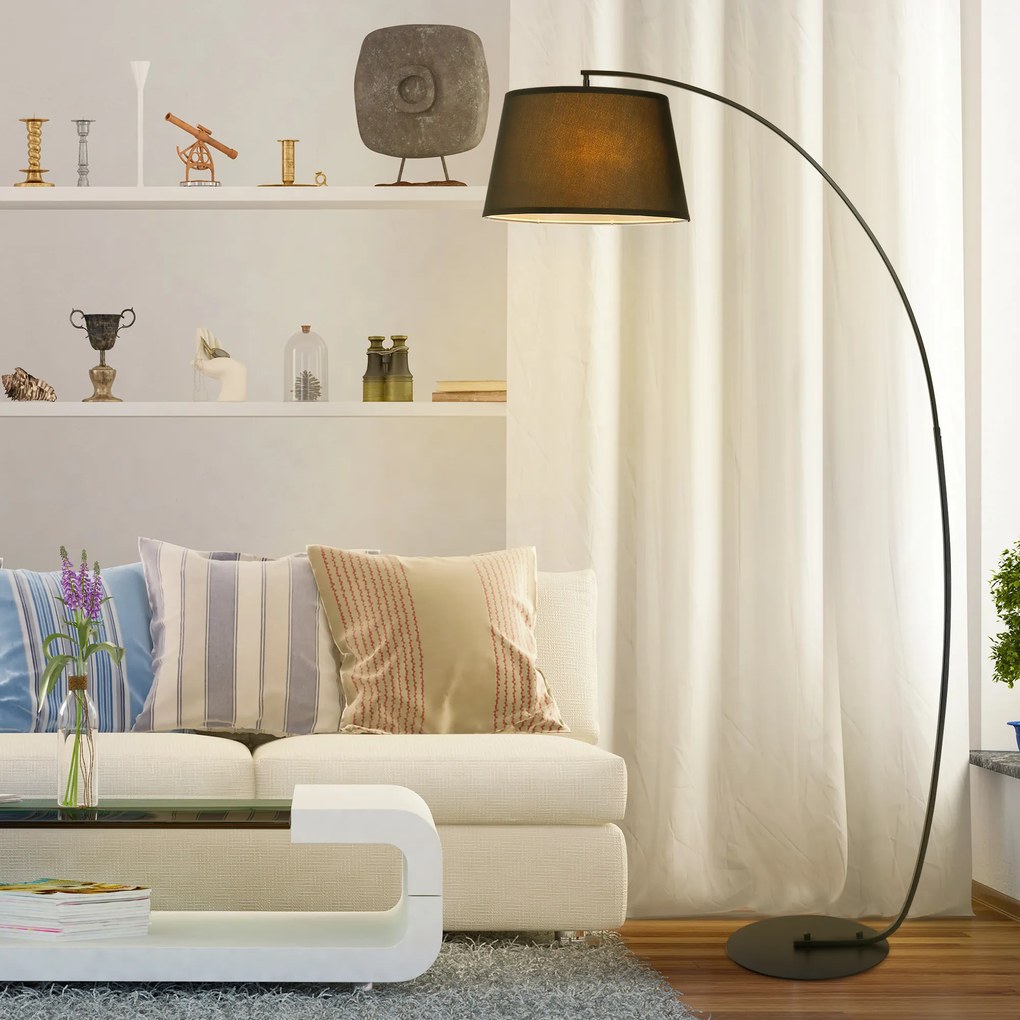 HOMCOM Lampa Stojąca z Abażurem z Tkaniny, Łukowa Lampa Podłogowa z Okrągłą Podstawą, Metal, 105L x 47S x 190W cm, Czarna