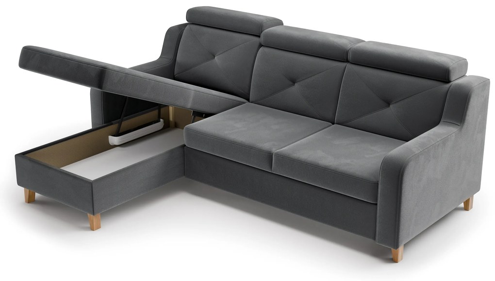 Narożnik Laksaro z funkcją spania lewostronny - szary welur Jasmine 96