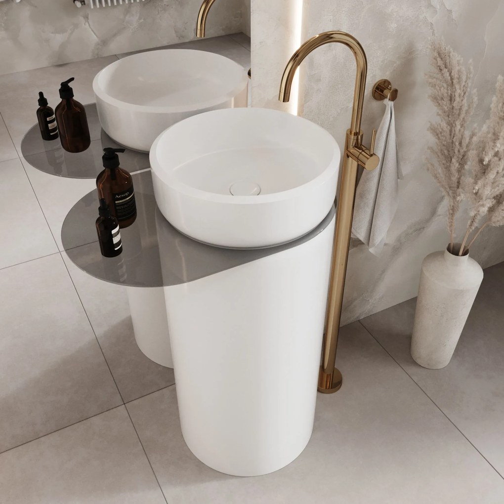 Umywalka z konglomeratu wolnostojąca okrągła z półką szklaną 85 x 40 cm RONA bez przelewu | Różne kolory półki : Kolor szkła - Grafitowy, Kolor umywalki RONA - Biały połysk, Półka - Szklana