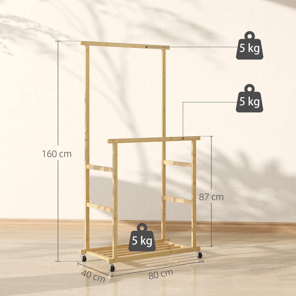 HOMCOM Wieszak na kółkach, wieszak z drążkiem, półka na buty, z bambusa, 80 x 40 x 160 cm, naturalny | Aosom PL