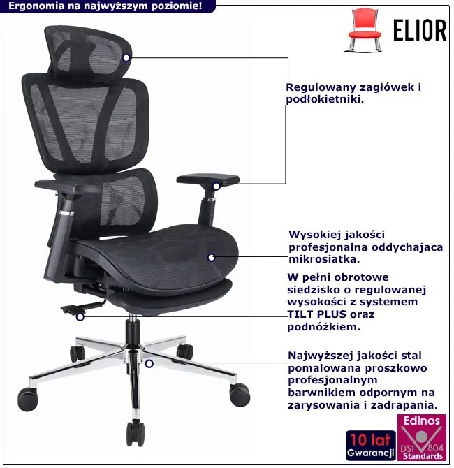 Czarny ergonomiczny fotel obrotowy z zagłówkiem i podnóżkiem - Floris 4X