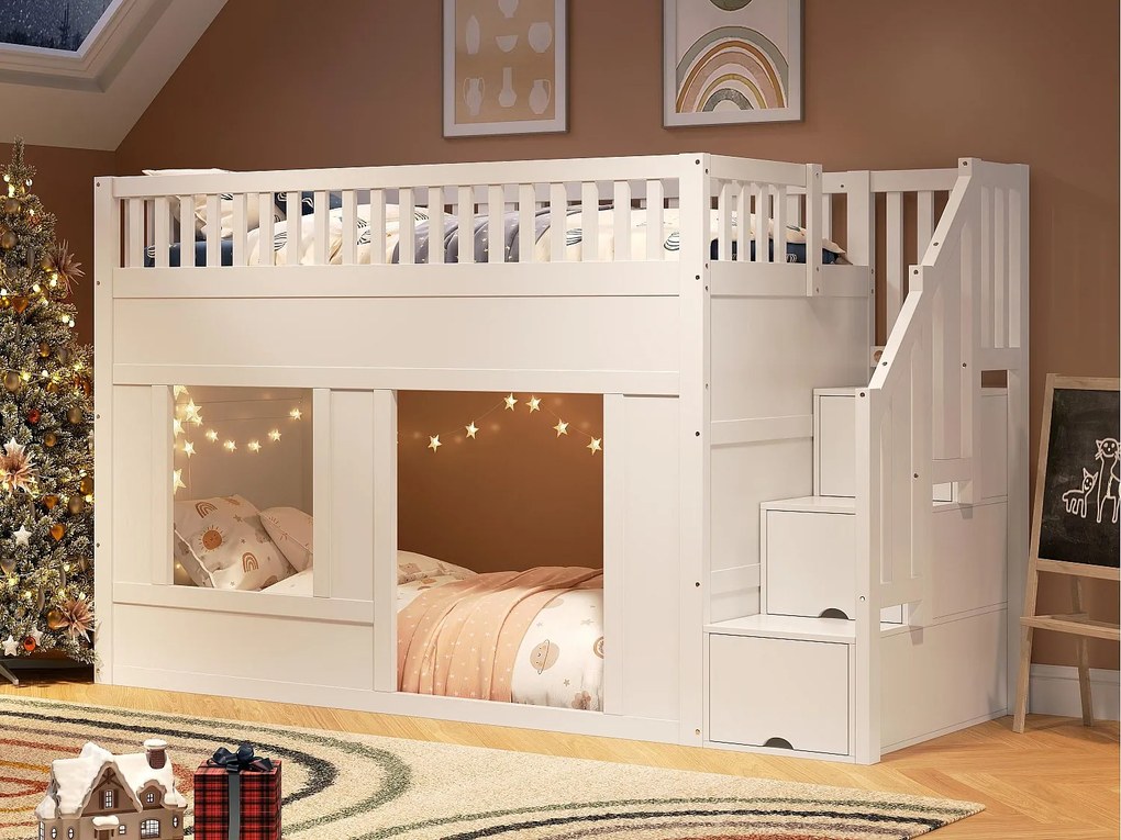 Łóżko na antresoli dziecięce 90x200 cm - z drabiną schowkową - z barierkami bezpieczeństwa - MDF - Biały (materac nie jest dołączony)