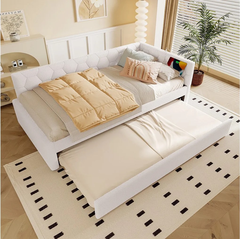 Sofa rozkładana 90x200 cm, biały plusz, wysuwane łóżko z lampką nocną i USB – bez materaca