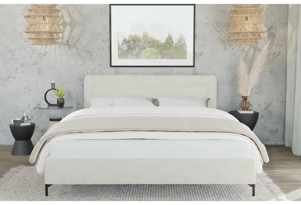 Beżowe tapicerowane łóżko dwuosobowe ze stelażem 140x200 cm Barker – Ropez