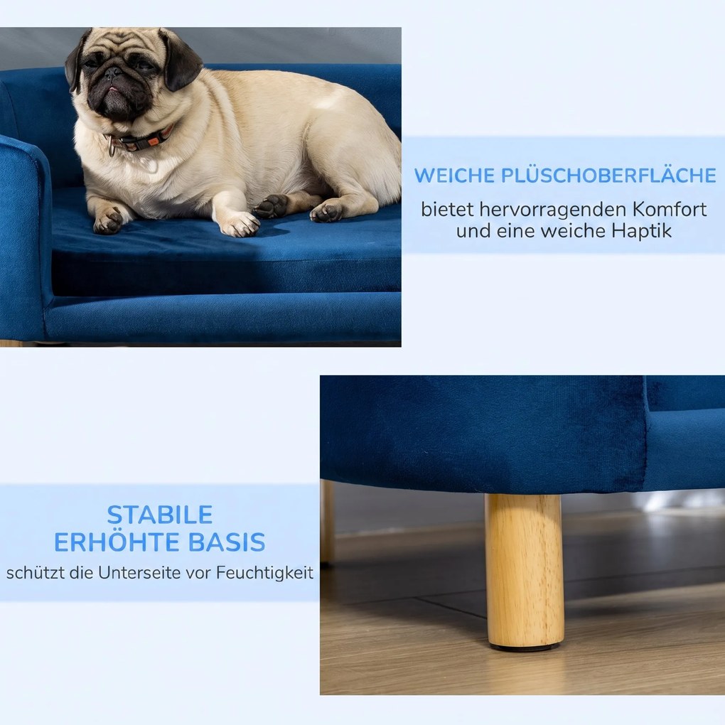 PawHut Sofa dla psa legowisko z weluru holenderskiego z oparciem, drewniane nóżki, poduszka Niebieski | Aosom PL