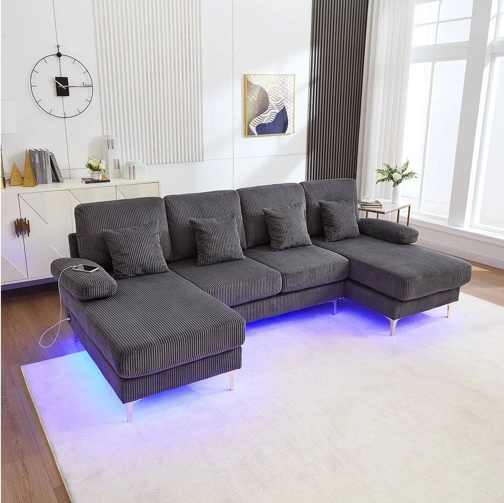 Sofa w kształcie litery U - 265 x 135 x 88 cm - z diodami LED + port USB-C + 4 poduszki - aksamit - szary