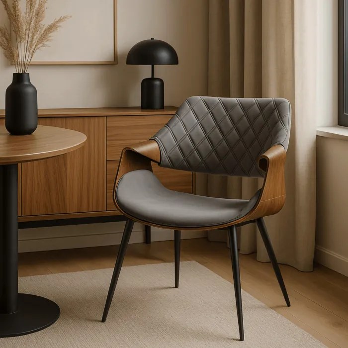 Krzesło Tapicerowane z Drewna Giętego do Salonu DAKOTA Szare/Orzech Welurowe Nowoczesne Loft