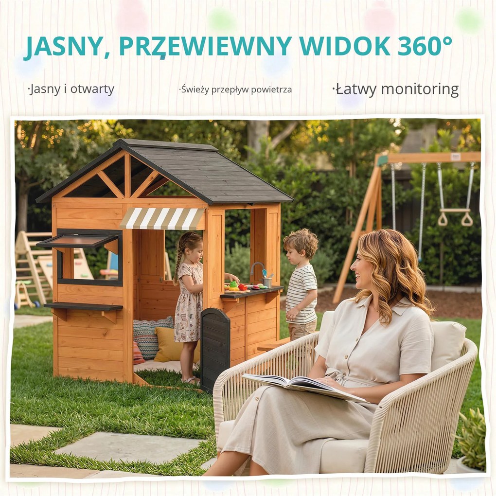 AIYAPLAY Drewniany domek dla dzieci z kuchnią, ławką, okienkami i drzwiami dla dzieci w wieku 3-8 lat, 171,5 x 146 x 156 cm, brązowy | Aosom PL