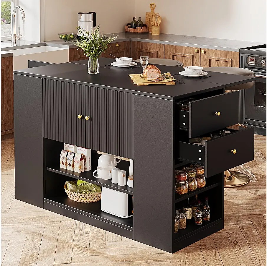 Nowoczesna wyspa kuchenna - 140 x 40 x 90 cm - szafka kuchenna - z 2 szufladami + 3 drzwiami - MDF - czarna