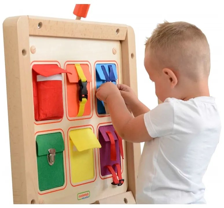 Masterkidz drewniana tablica manipulacyjna ścienna flex kolorowe kieszonki klamry i rzepy