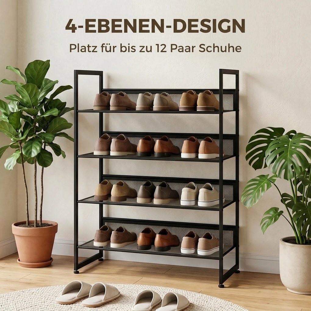 HOMCOM Regał na buty Półka Stojak na buty, 4 półki, 72 cm x 30 cm x 82,7 cm, Czarny | Aosom PL