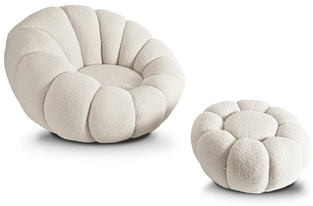 Fotel Wypoczynkowy Obrotowy PETTIT Kremowy z Pufą w Tkaninie Teddy Boucle