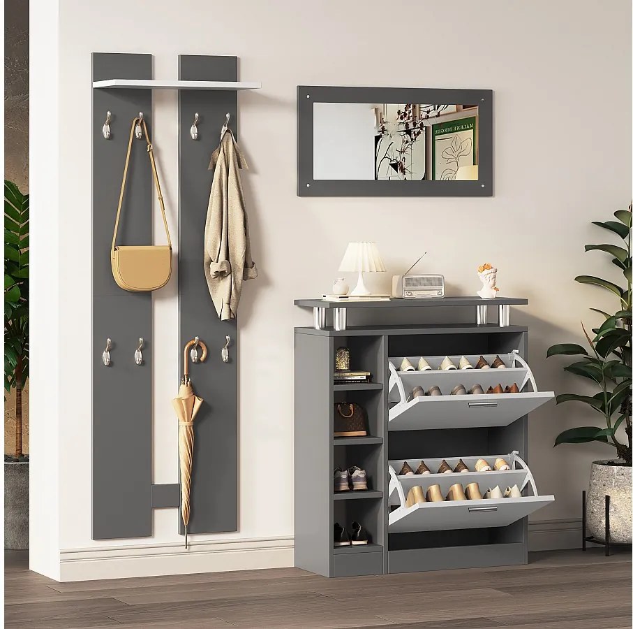 Wieszak ścienny na ubrania + szafka na buty + zestaw lustrzany - Płyta wiórowa - Szary + biały
