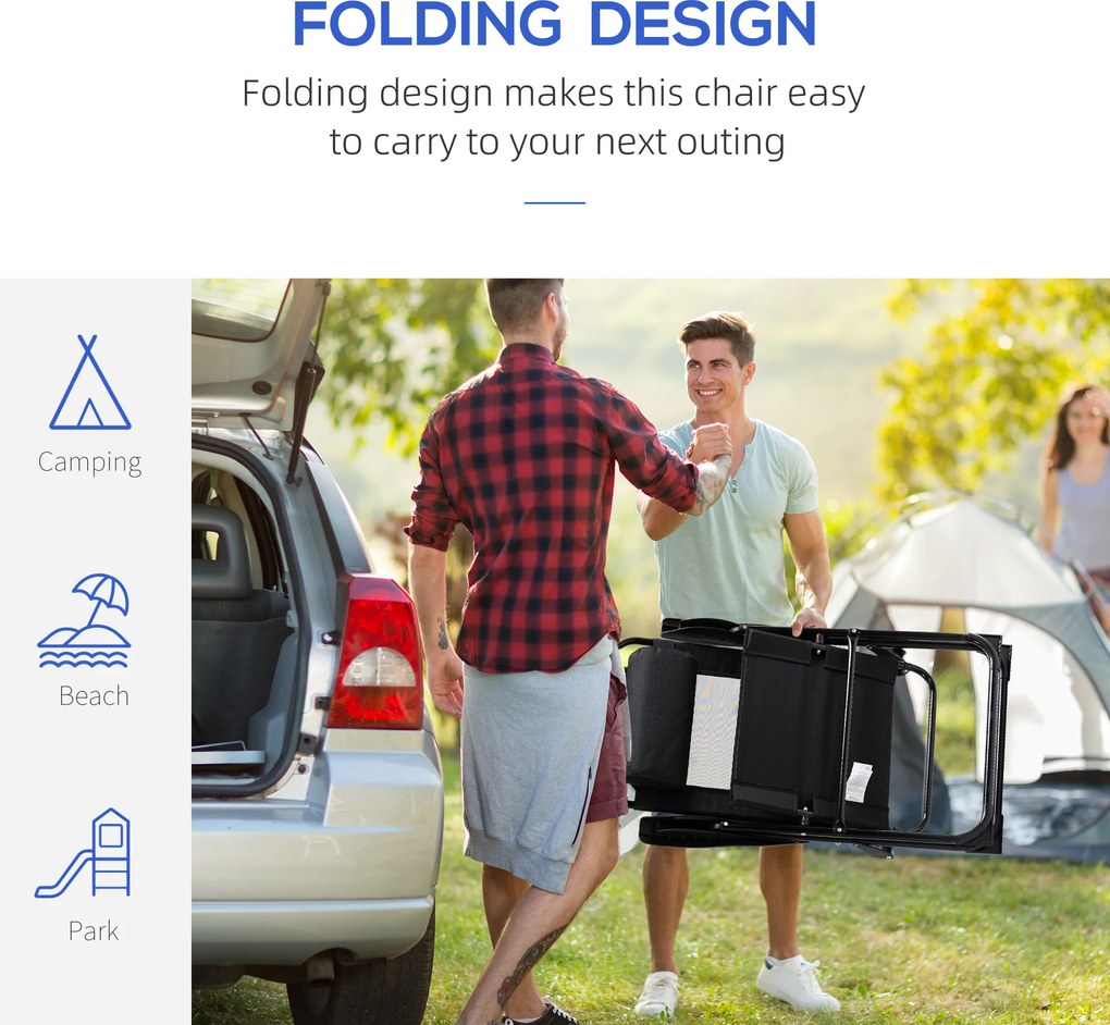 Outsunny Składane krzesło 2-pack, leżak, odporny na warunki pogodowe, oparcie regulowane w 5 pozycjach, metalowa rama, Czarny