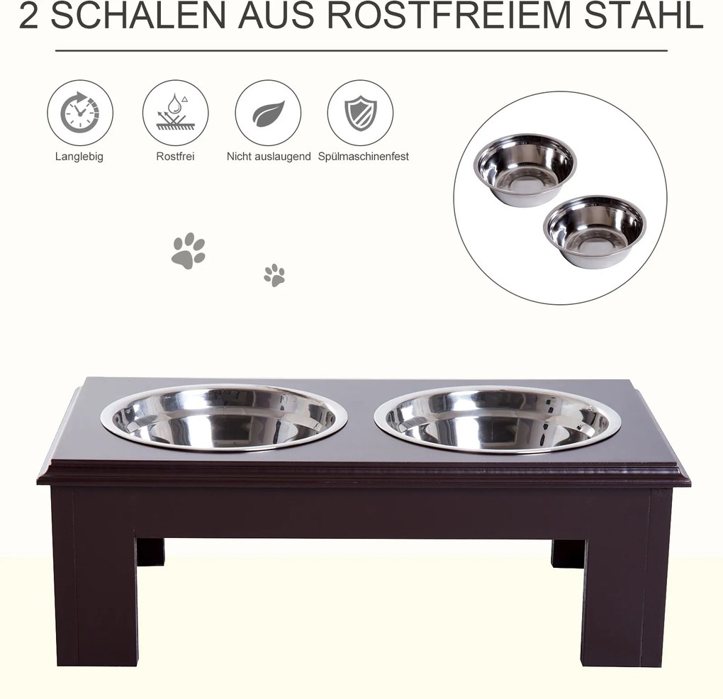 PawHut Miski Podwyższone dla Zwierząt 2 Miski Stal Szlachetna MDF Kawowy dla Psów i Kotów | Aosom PL