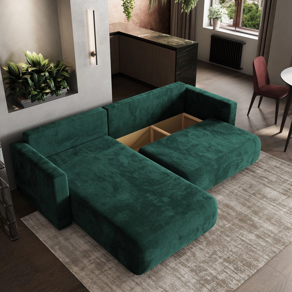 Masseno Narożnik TURIN z funkcją spania i pojemnikiem na pościel Narozniki L, Rozkładana sofa - Butelkowa zieleń, MONOLITH 37