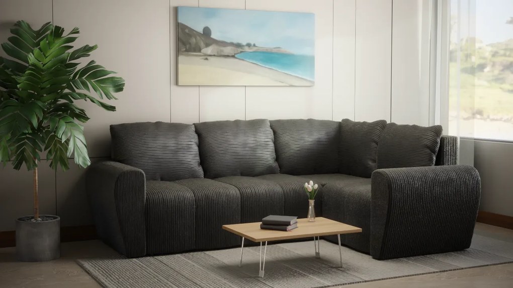 Komfortowa sofa narożna BUENO II z funkcją spania, tapicerowana w niebieskim kolorze, schowek pod siedziskiem