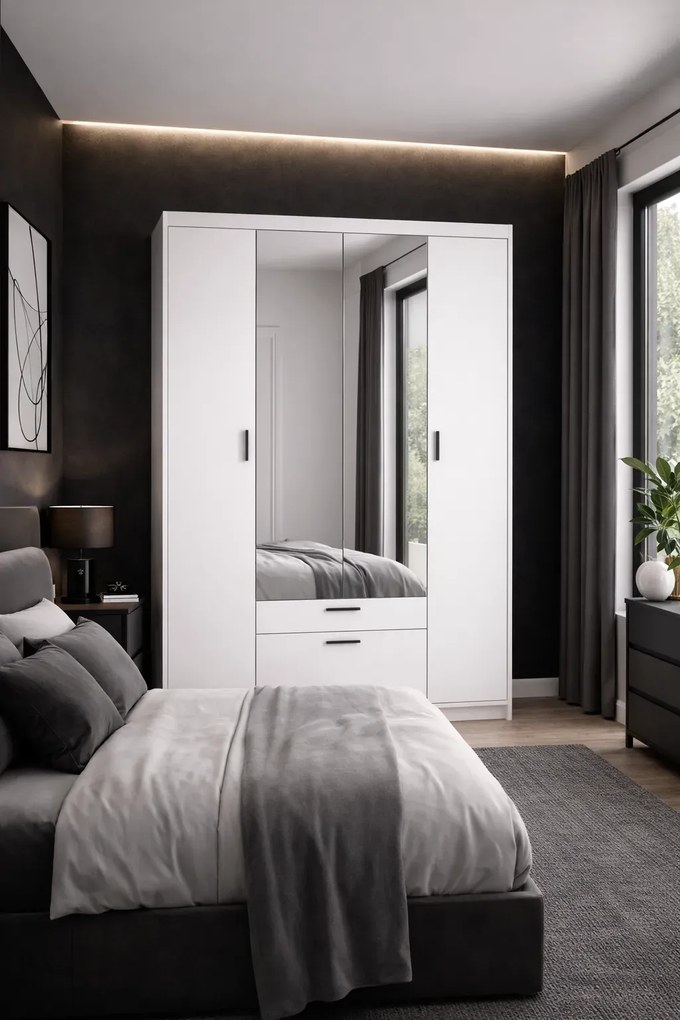 Biała garderoba czterodrzwiowa z lustrem K8-R43