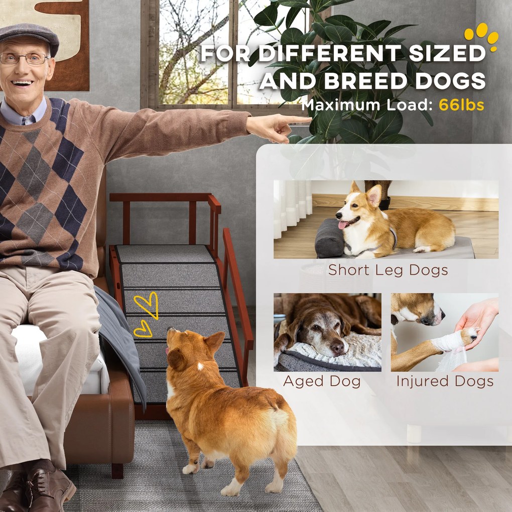 PawHut Rampa dla Psów, Zdejmowane Poręcze, Antypoślizgowa, Drewno, do 30 kg, 125x40x56cm, Brązowy/Szary