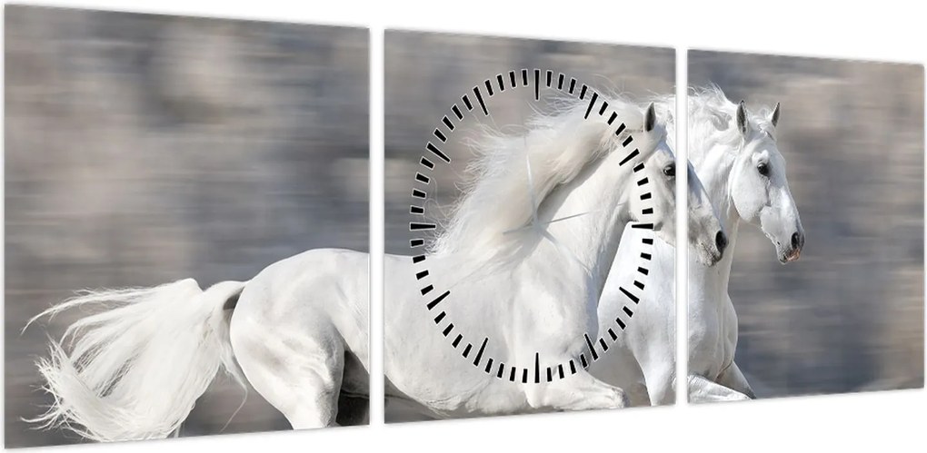 Obraz - Białe konie zimą (z zegarem) (90x30 cm)