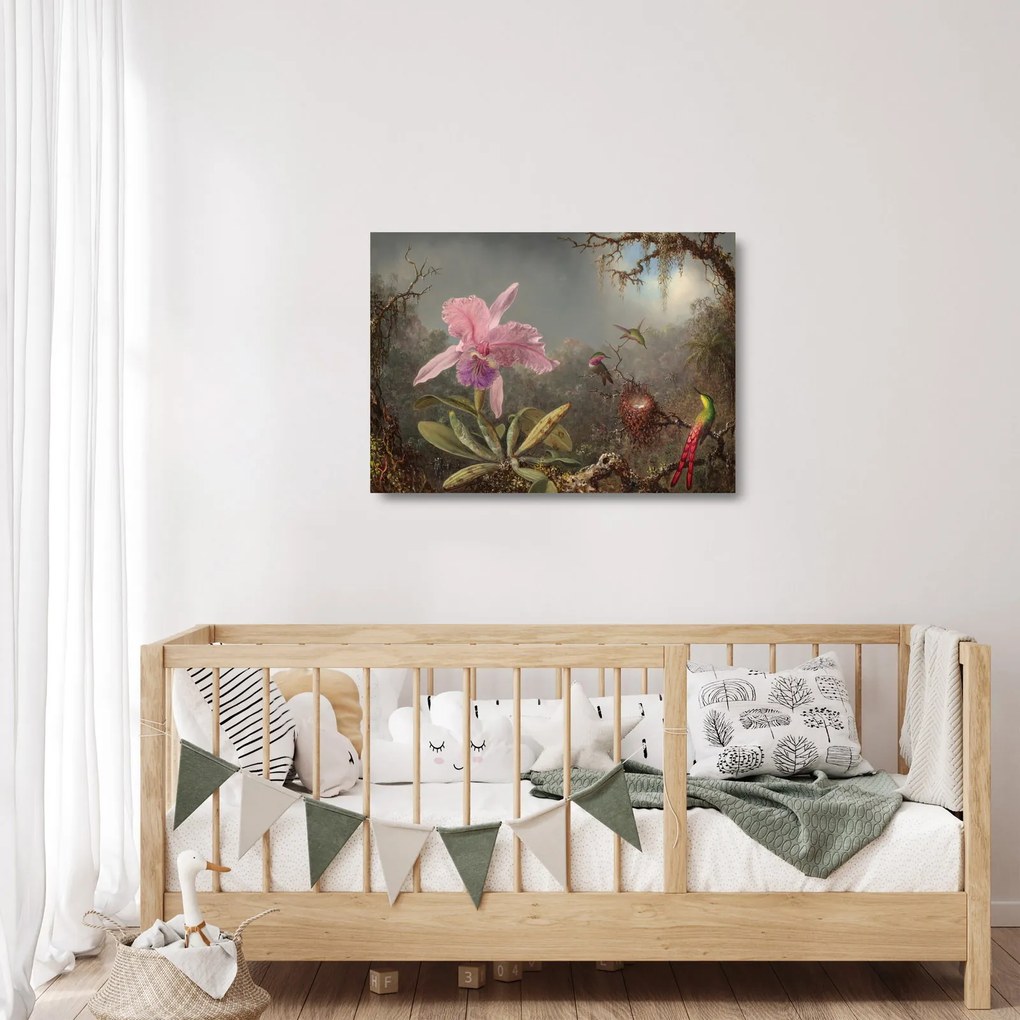 Obraz na szkle - Martin Johnson Heade, Cattleya Orchid and Three Hummingbirds, reprodukcje (70x50 cm)