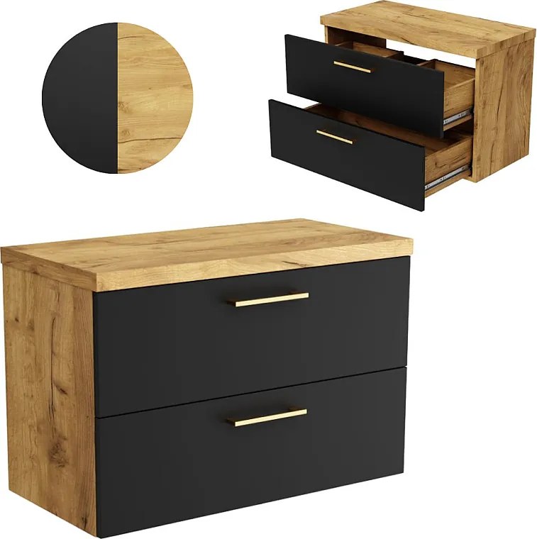 Szafka Łazienkowa Wisząca 80 cm Pod Umywalkę Nablatowa Komoda Dąb Czarna