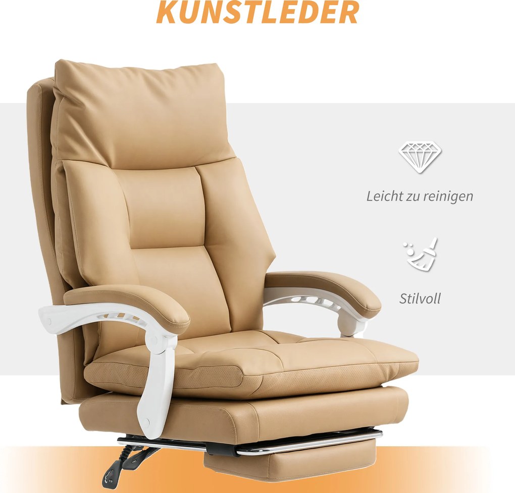 HOMCOM Ergonomiczny fotel biurowy z wsparciem lędźwiowym, składany podłokietnik, delikatny brązowy podnóżek