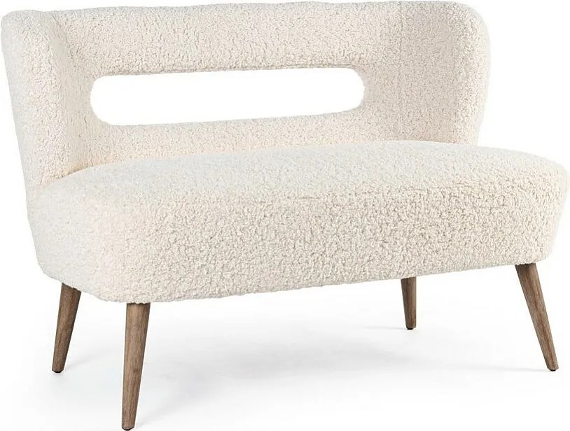 Biała sofa z tkaniny z efektem wełny, nogi z drewna kauczukowego - CORTINA