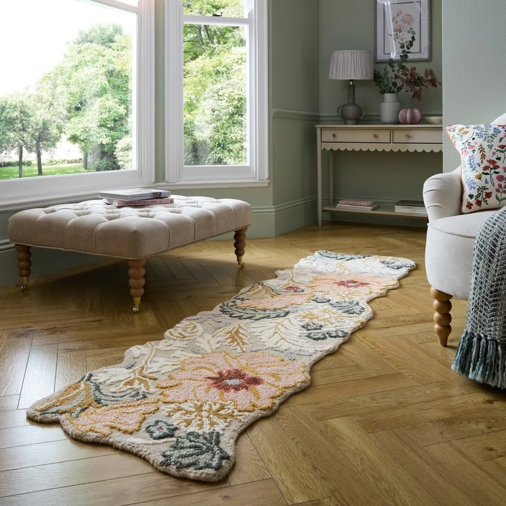 Jasnoróżowy wełniany chodnik tkany ręcznie 60x230 cm Daphne Shaped Floral – Flair Rugs