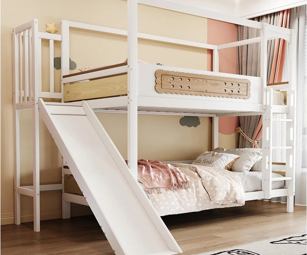 Łóżko piętrowe dziecięce 90x200 cm - z barierkami bezpieczeństwa - ze zjeżdżalnią - biały + kolor naturalny (materac nie jest wliczony w cenę)