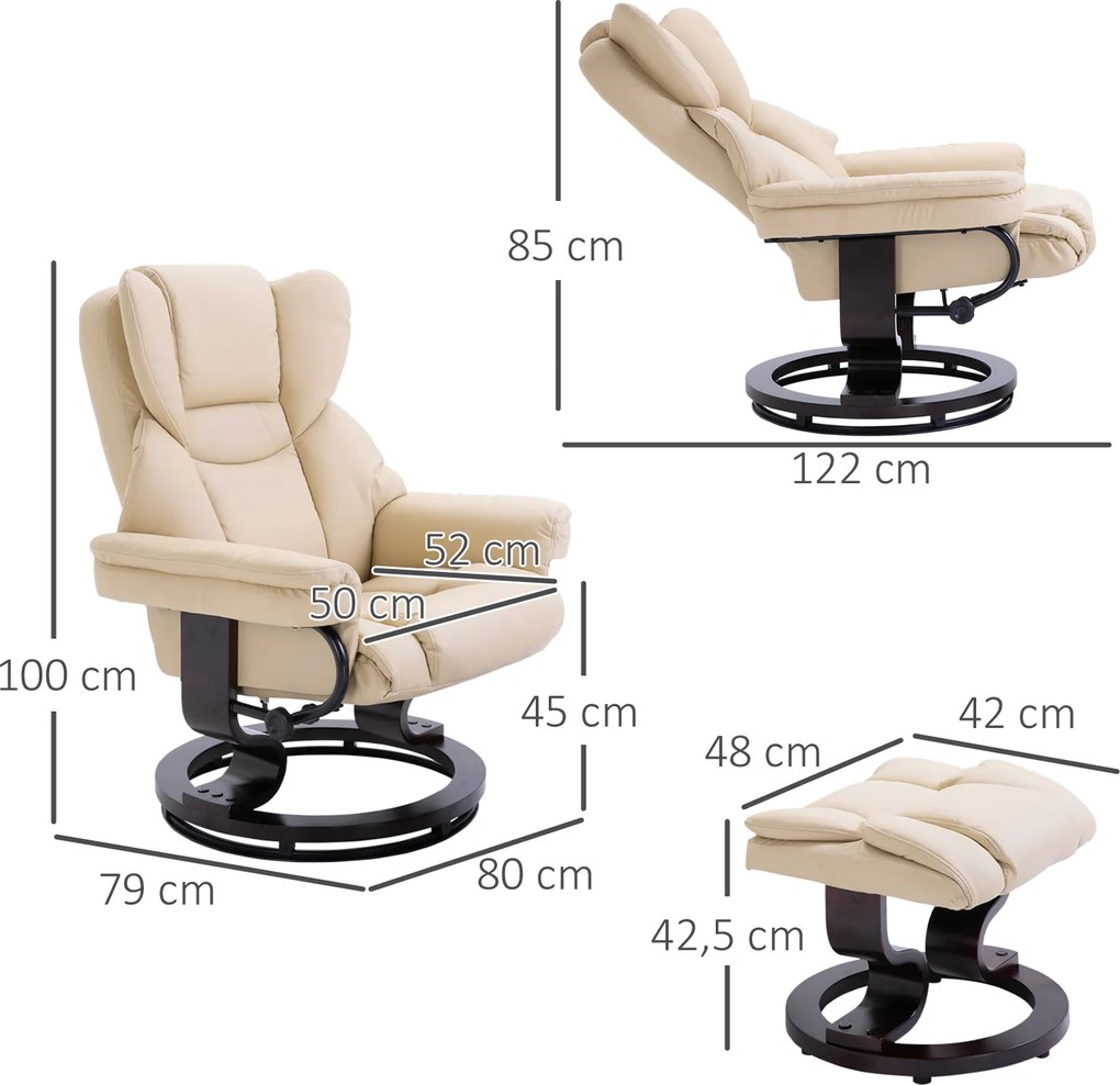 HOMCOM Fotel wypoczynkowy z Hockerem obrotowy do 160 kg ekoskóra rama metalowa kremowy | Aosom PL