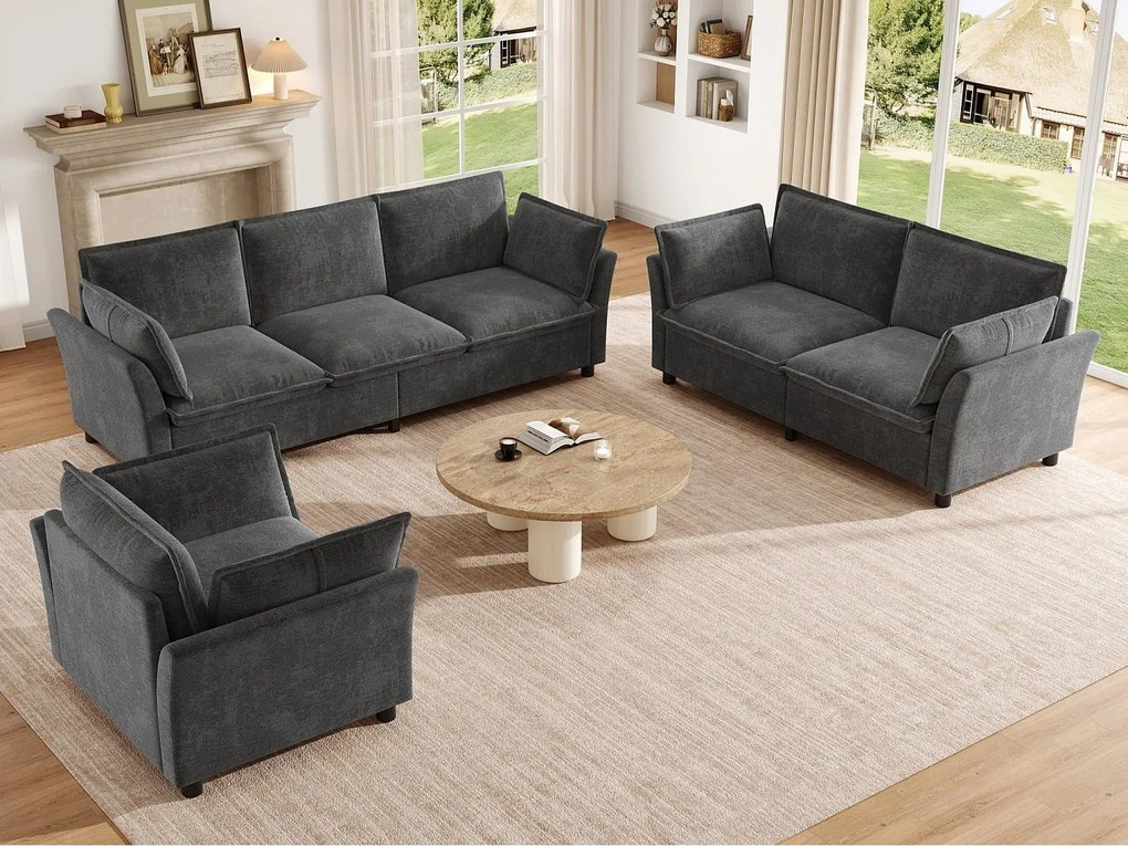 Modułowy zestaw sof 3+2+1 „efekt chmury” z tkaniny szenilowej, sofa 3-osobowa, 2-osobowa i fotel ergonomiczny, styl nowoczesny - szary