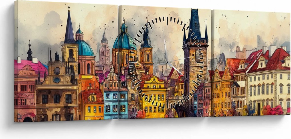 Obraz - Jesień w malowanym mieście (z zegarem) (90x30 cm)