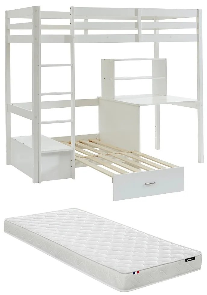 Łóżko antresola 90 x 200 cm z biurkiem, rozkładaną kanapą i schowkami - Drewno sosnowe - Bielony + Materac - GOLIATH III