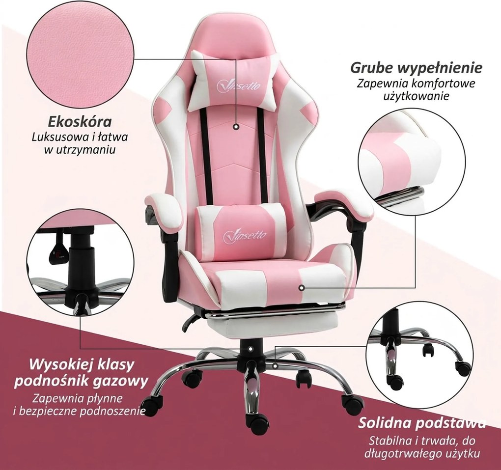 Vinsetto Fotel gamingowy ergonomiczny krzesło komputerowe z regulacją wysokości i zagłówkiem różowy biały | Aosom PL