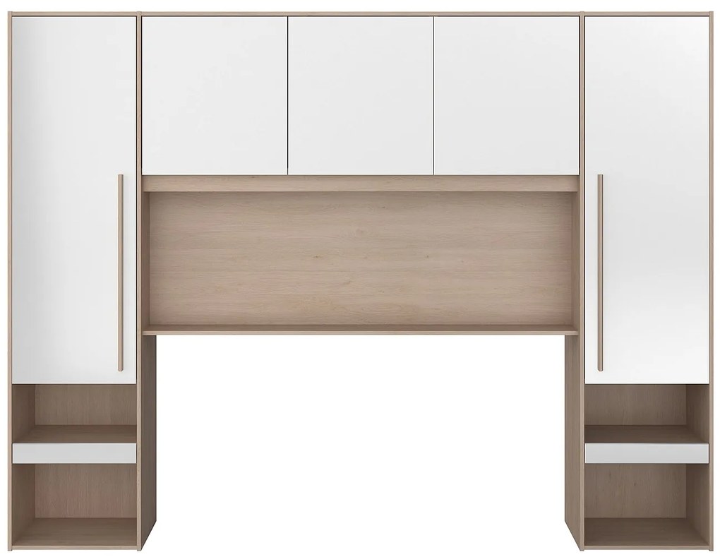 Zabudowa wokół łóżka  ze skrzynią i - Z oświetleniem LED - szer. 265 cm - Biały z połyskiem i naturalny - VELONA