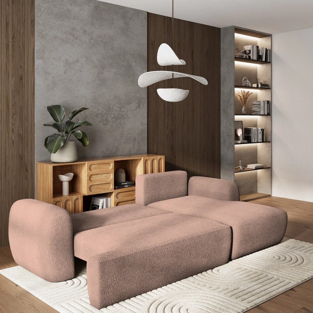 Masseno Narożnik MODENZA z funkcją spania i pojemnikiem na pościel Narozniki L, Rozkładana sofa - Pudrowy róż, NOW OR NEVER 61