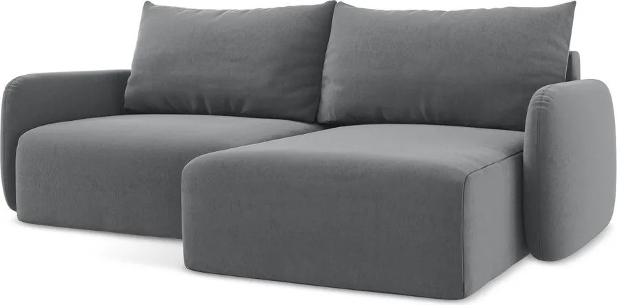 Szary aksamitny rozkładany/ze schowkiem narożnik (prawostronny/z szezlongiem) Kalena – Makamii